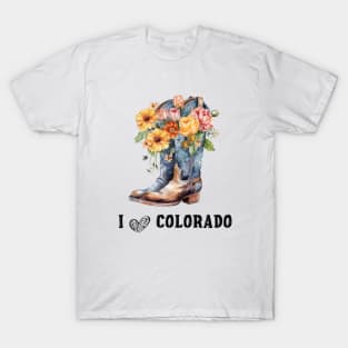 I Love Colorado Boho Cowboy Boots with Flowers Watercolor Art T-Shirt